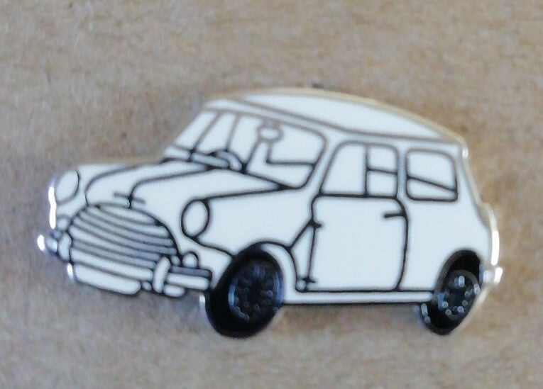 WHITE MINI CAR (OLD DESIGN) ENAMEL PIN BADGE - NEW0